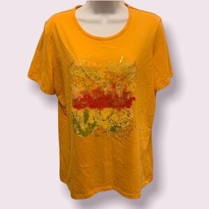 Coral Bay Womens Top Orange Floral Design Metallic Gold Size Large  NWOT